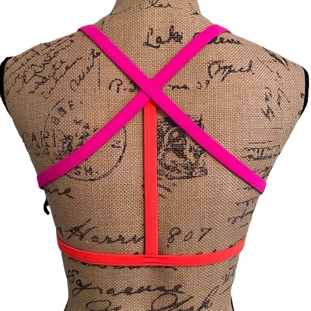 EUC PINK Victoria’s Secret Black Pink Strappy Back Removable Padding Bikini Top - Picture 3 of 8